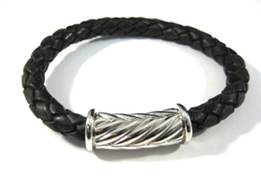 Black Braided Leather Bracelet with Polished Sterling Silver Herringbone Magnetic Clasp