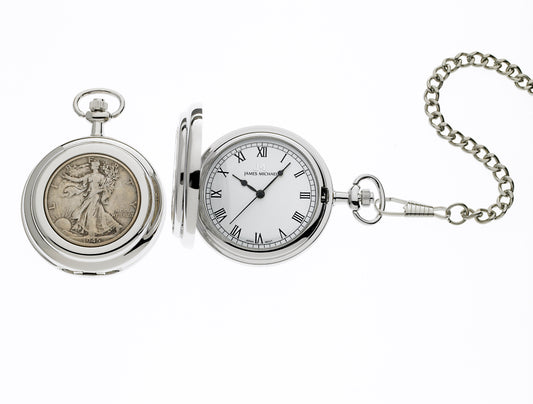 Polished Silvertone Pocket Watch with Genuine Liberty Half Dollar Coin