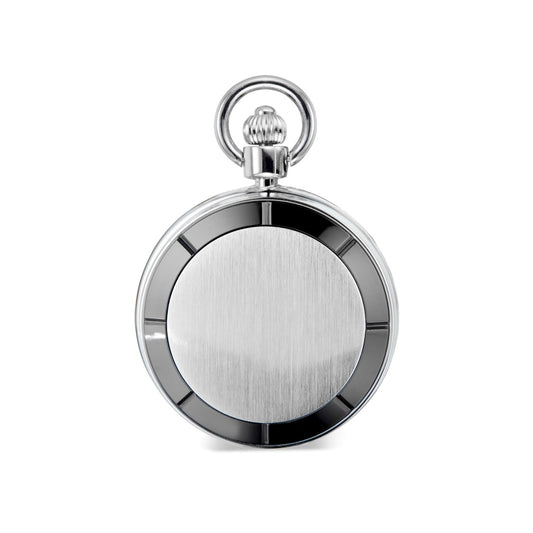 Satin Silvertone Pocket Watch with Polished Gunmetal Bezel & Black Grid Dial