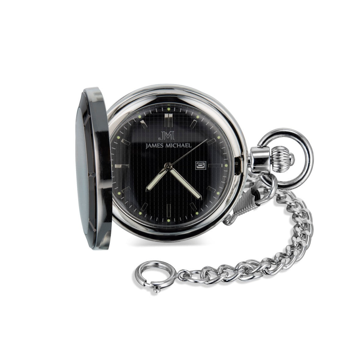 Satin Silvertone Pocket Watch with Polished Gunmetal Bezel & Black Grid Dial