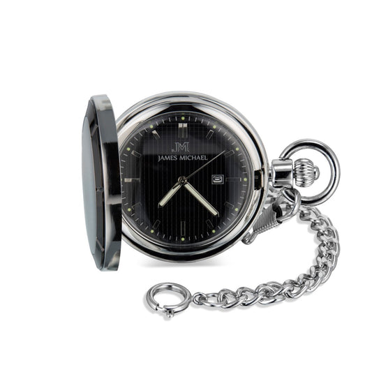 Satin Silvertone Pocket Watch with Polished Gunmetal Bezel & Black Grid Dial