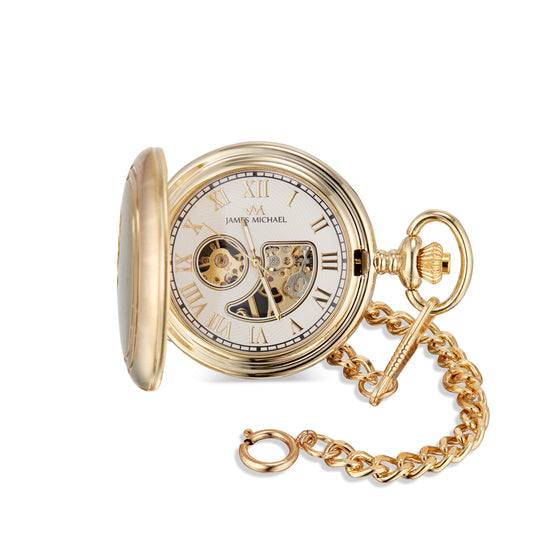 Brushed Goldtone Skeleton Pocket Watch with Engraving Plate