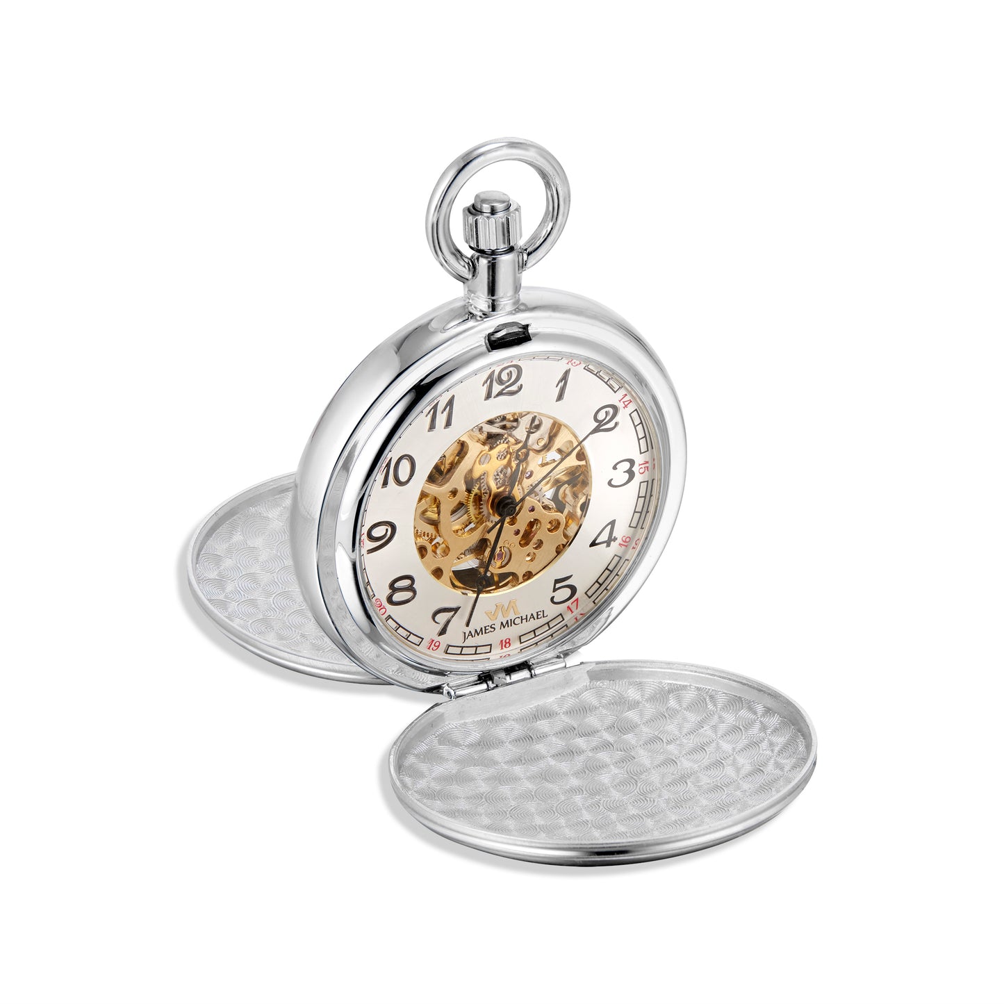 Silvertone Skeleton Pocket Watch – Gold Movement, Black Hands, Double Cover