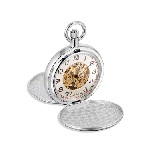 Silvertone Skeleton Pocket Watch – Gold Movement, Black Hands, Double Cover