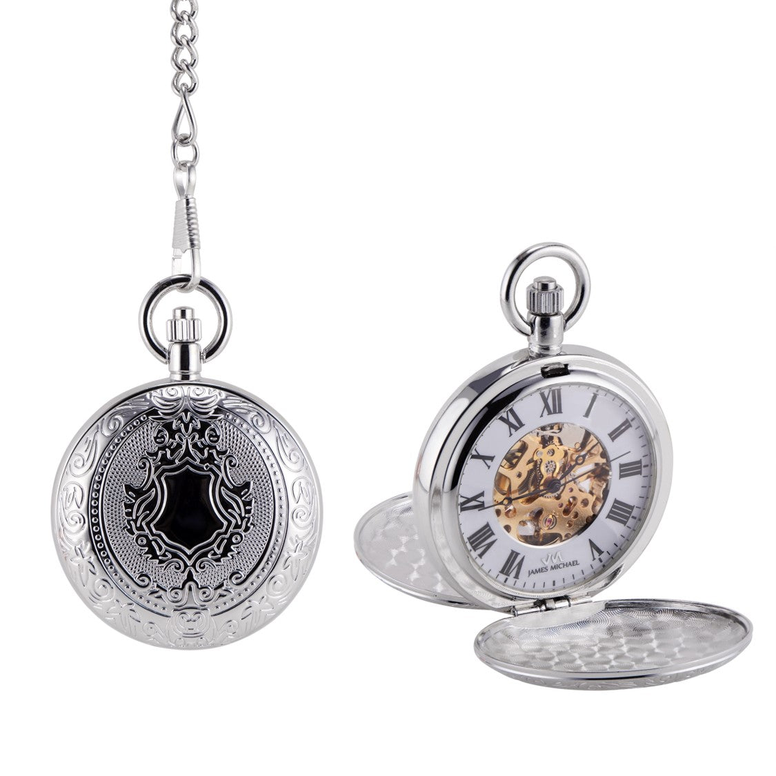Silvertone Scroll Mechanical Skeleton Dial Pocket Watch