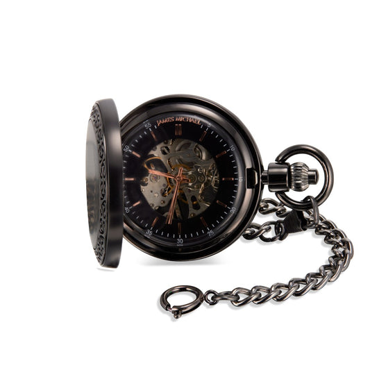 Black Gunmetal Skeleton Pocket Watch – Omega Border, Rose Gold Accents