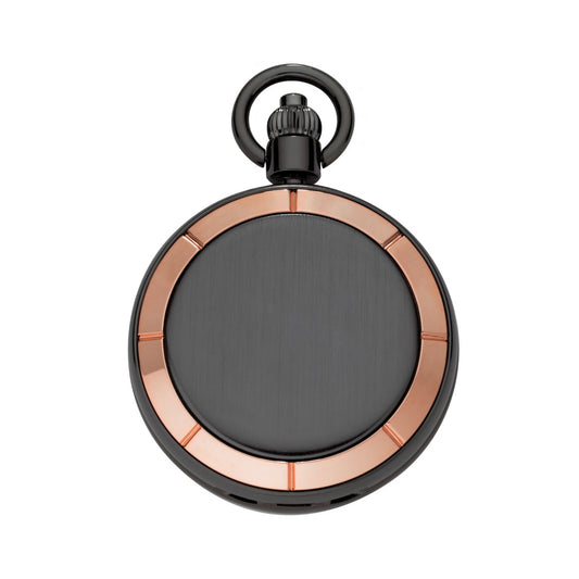 Gunmetal Skeleton Pocket Watch – Rose Gold Bezel, Black Dial, Arabic Markers
