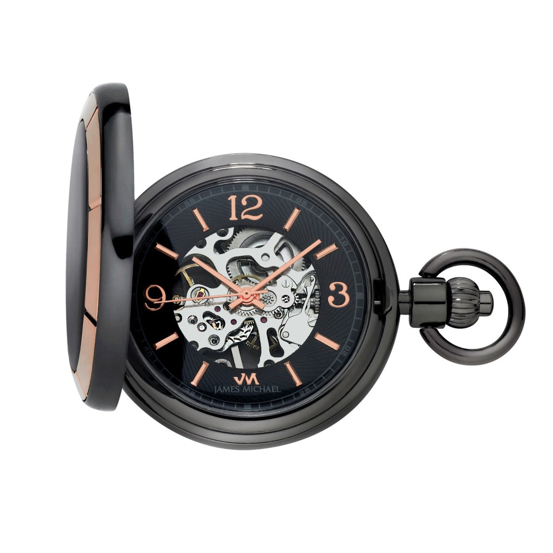 Gunmetal Skeleton Pocket Watch – Rose Gold Bezel, Black Dial, Arabic Markers