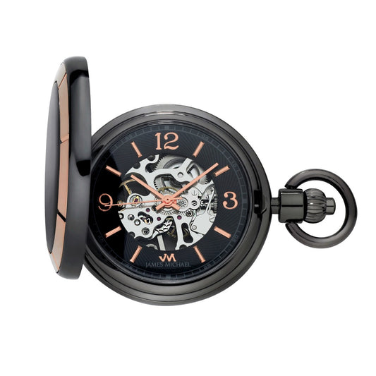 Gunmetal Skeleton Pocket Watch – Rose Gold Bezel, Black Dial, Arabic Markers