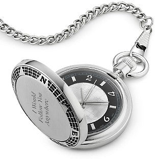 Pocket Watch – Brushed Silvertone with Antique Compass Design