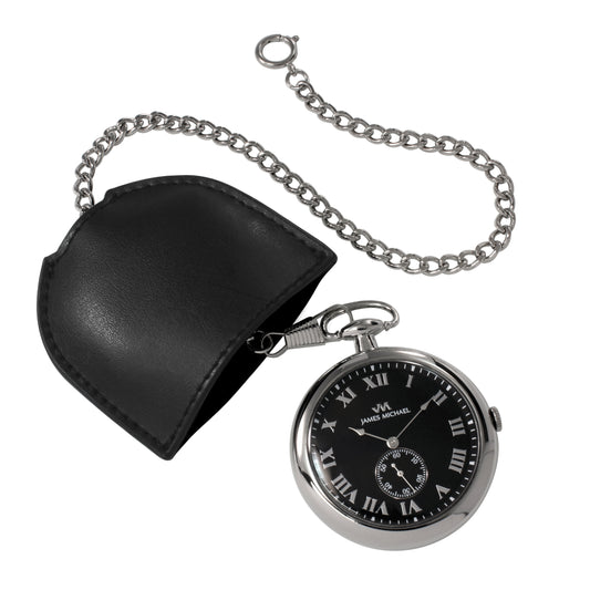 Polished Silvertone Open Face Pocket Watch With Leather Case