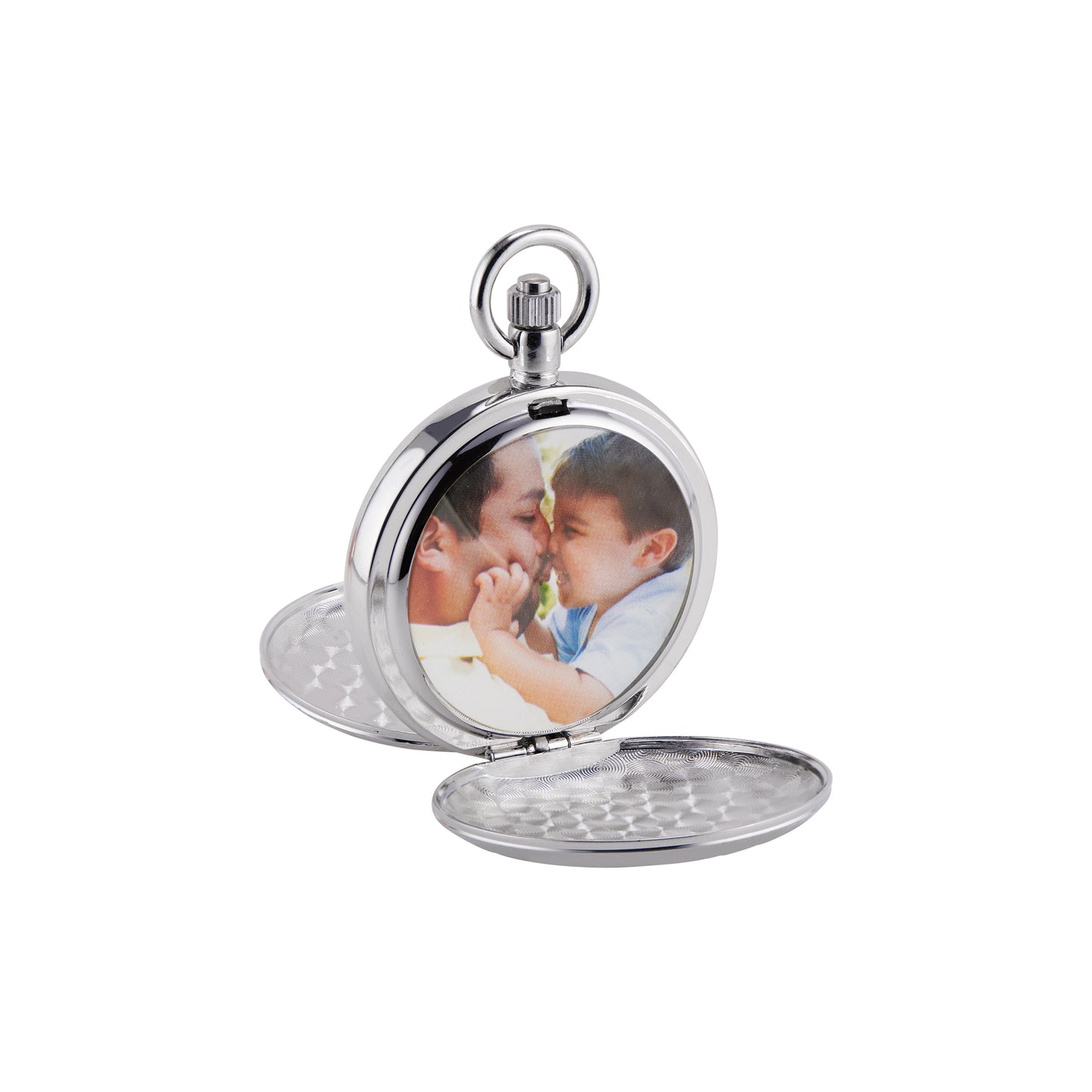 Double Dust Cover Photo Pocket Watch – Satin Silvertone with Polished Step Bezel, Mother of Pearl Dial, Roman Numerals