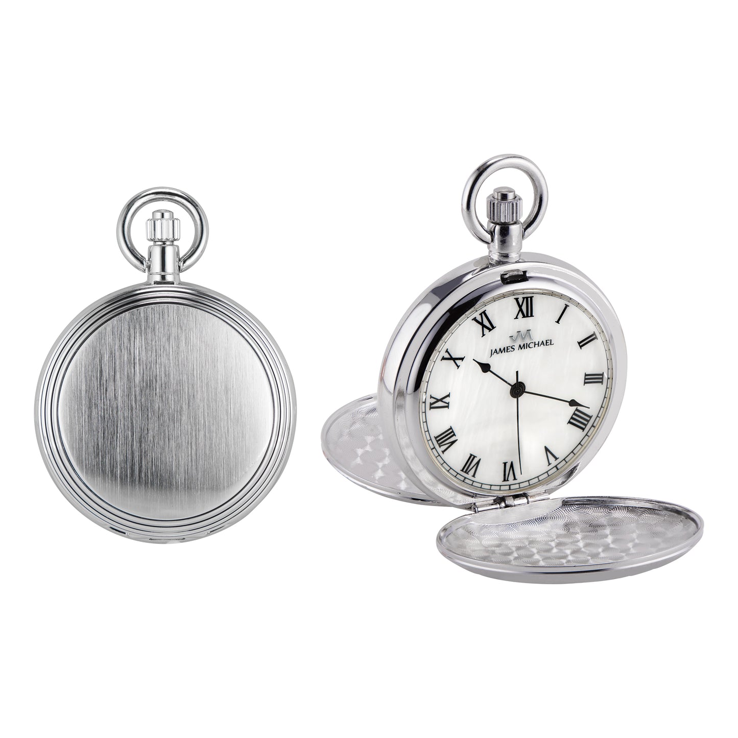 Double Dust Cover Photo Pocket Watch – Satin Silvertone with Polished Step Bezel, Mother of Pearl Dial, Roman Numerals