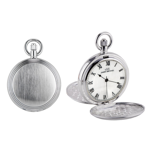 Double Dust Cover Photo Pocket Watch – Satin Silvertone with Polished Step Bezel, Mother of Pearl Dial, Roman Numerals