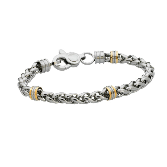 Polished Stainless Steel Wheat Chain Bracelet with Four 14KT Gold Accent Stations and Lobster Claw Closure